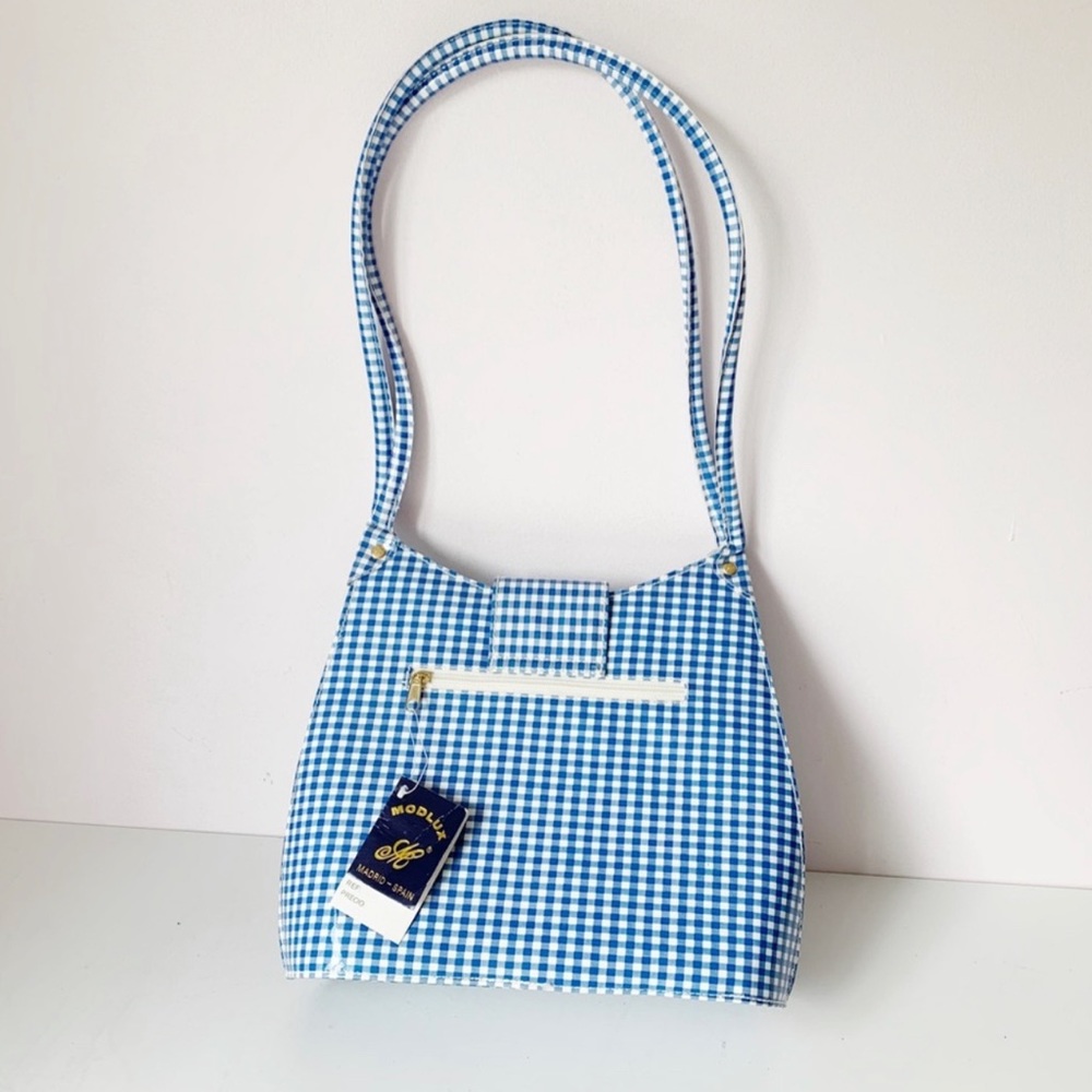 ⭐️SOLD⭐️ large patent white and blue gingham shoulder bag - Picture 6 of 10